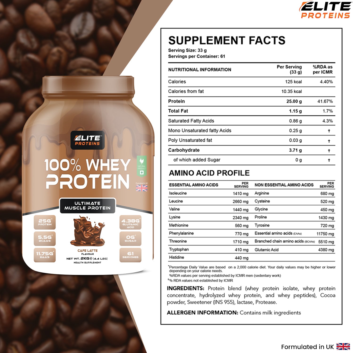 Elite Proteins 100% Whey Protein container with supplement facts label on a coffee bean background