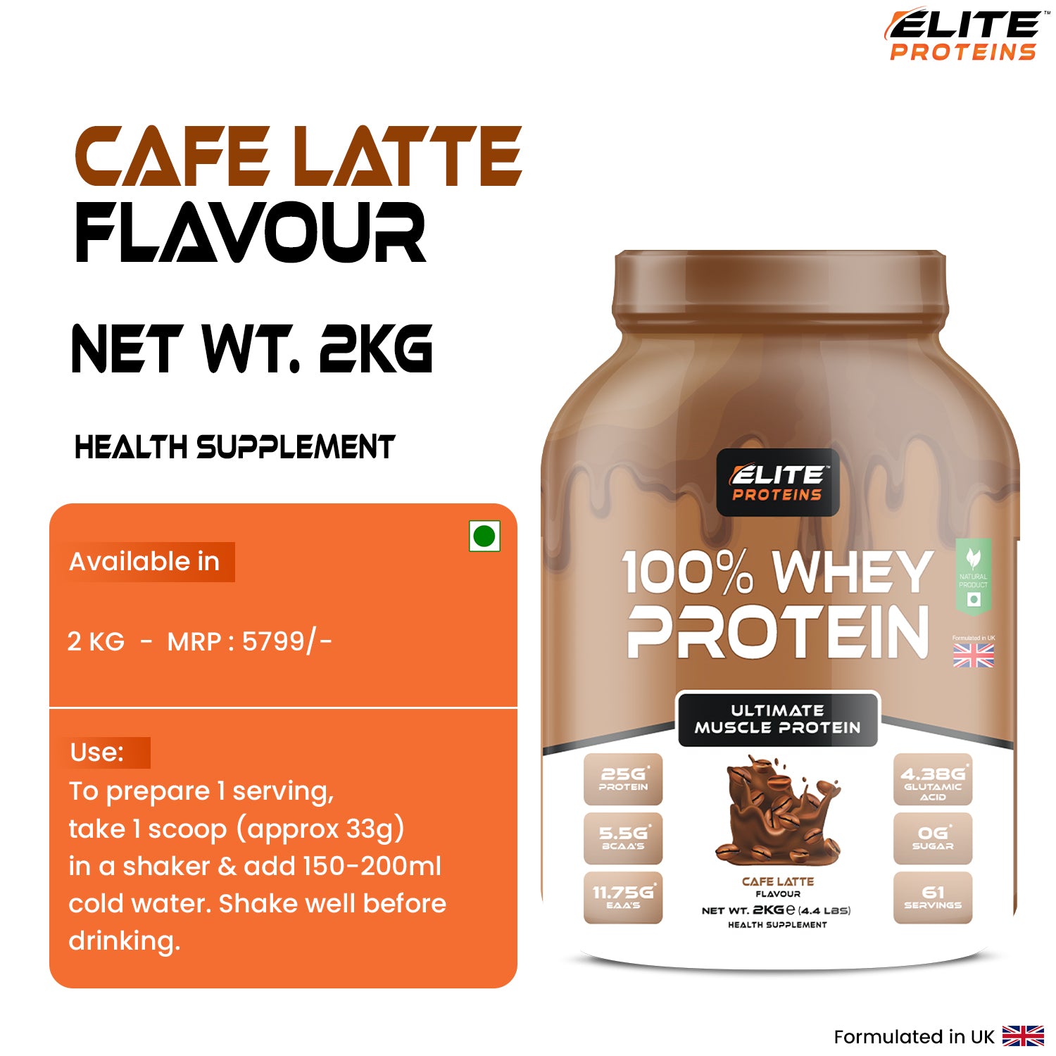 Elite Proteins 100% Whey Protein container with label and nutritional information on a white background