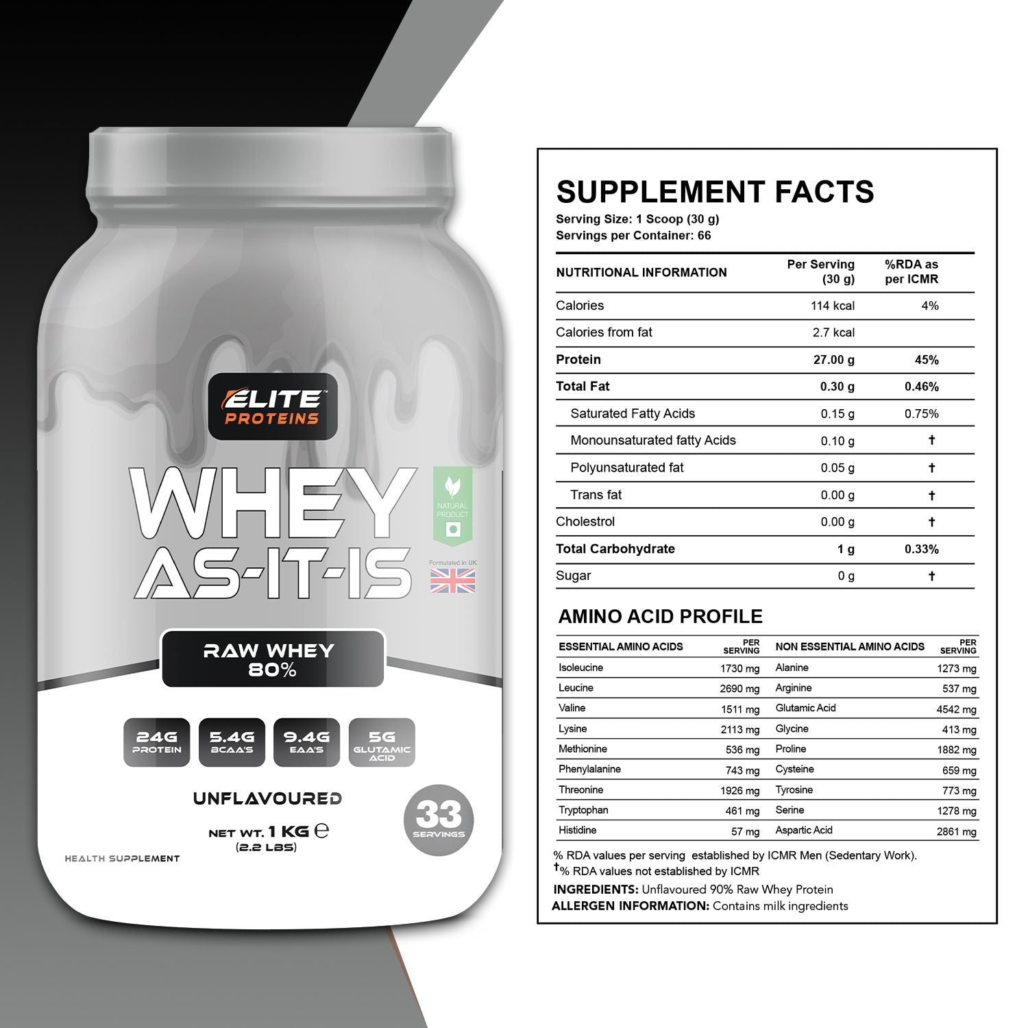 Elite Proteins Whey AS-It-Is 80% – Unflavoured Raw Whey