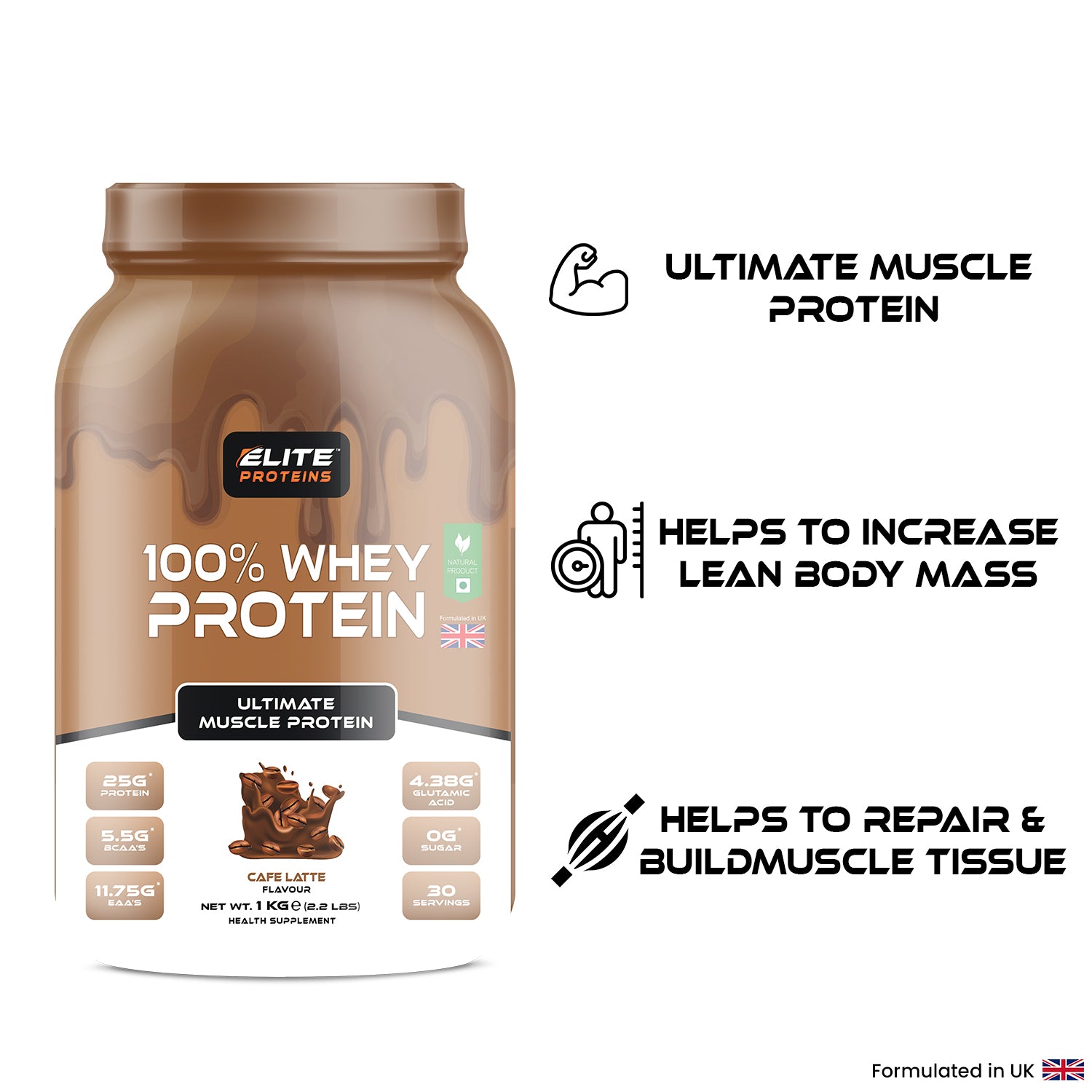 Protein powder container with branding and nutritional information on a white background