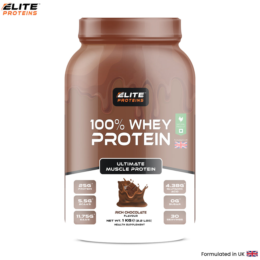 Elite Proteins 100% Whey Protein container with chocolate flavor on a white background