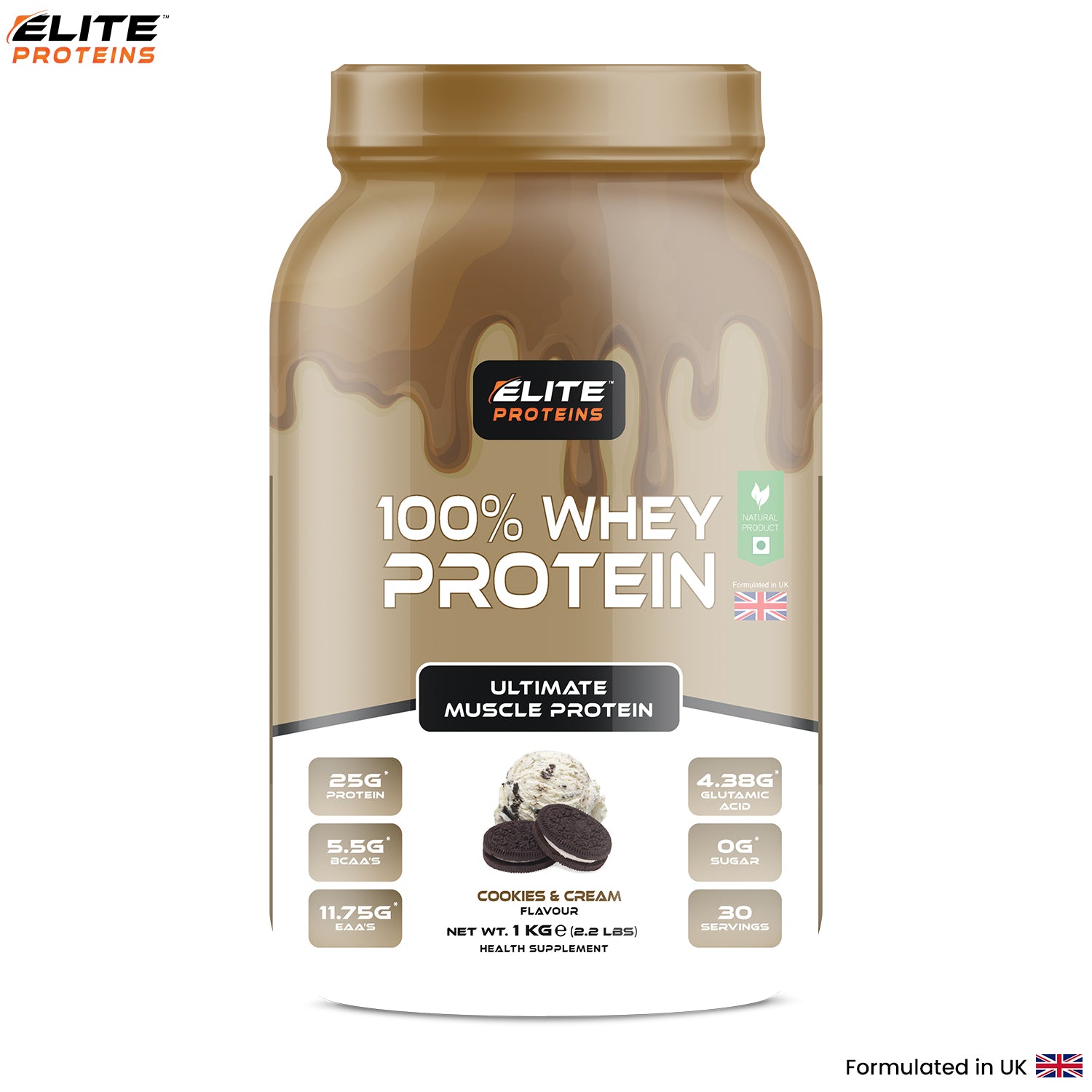 Elite Proteins 100% Whey Protein container with Cookies & Cream flavor on a white background