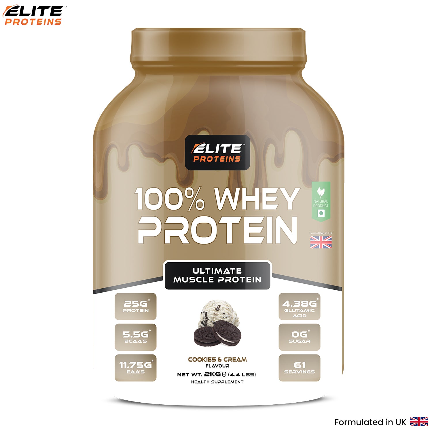 Elite Proteins 100% Whey Protein container with branding and nutritional information on a white background