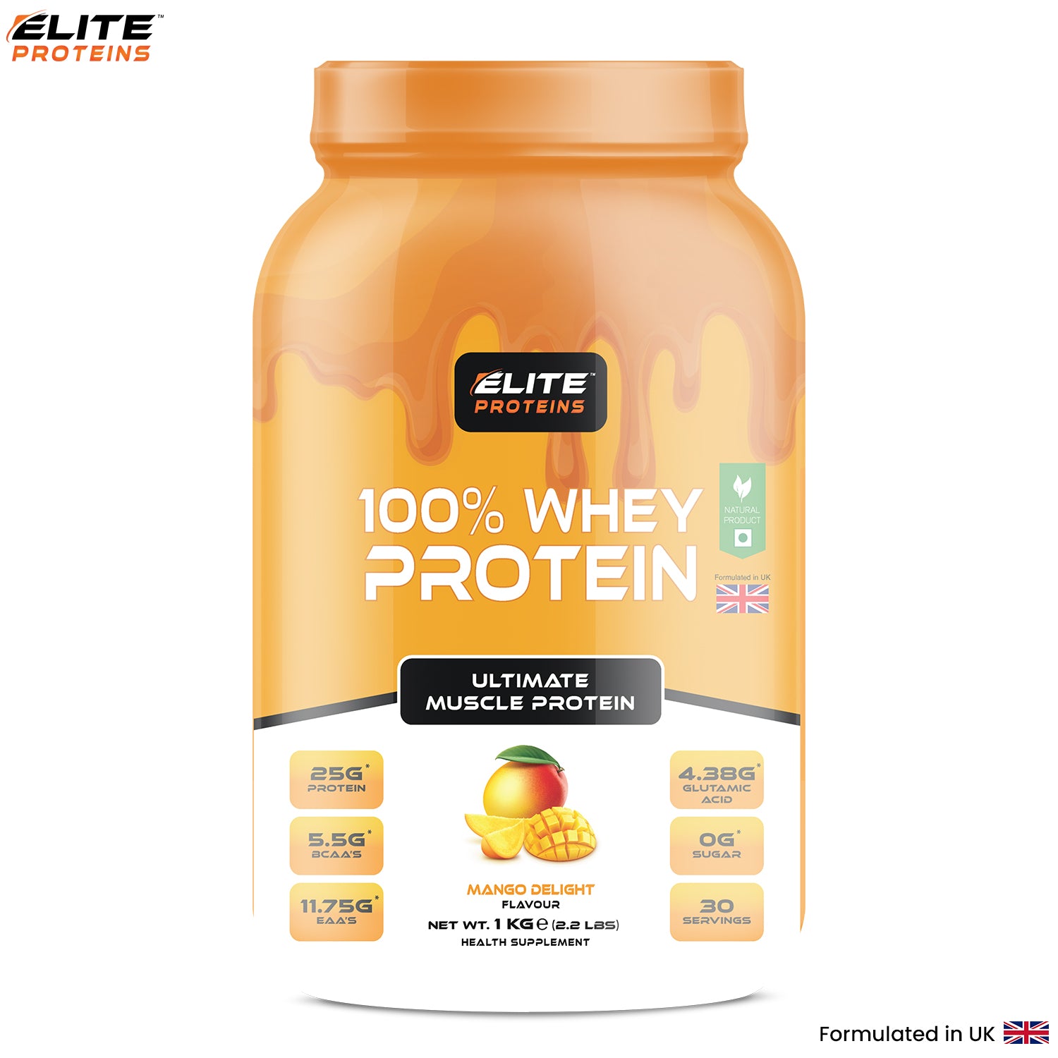 MAngo delight container of Elite Proteins 100% Whey Protein with mango flavor on a white background