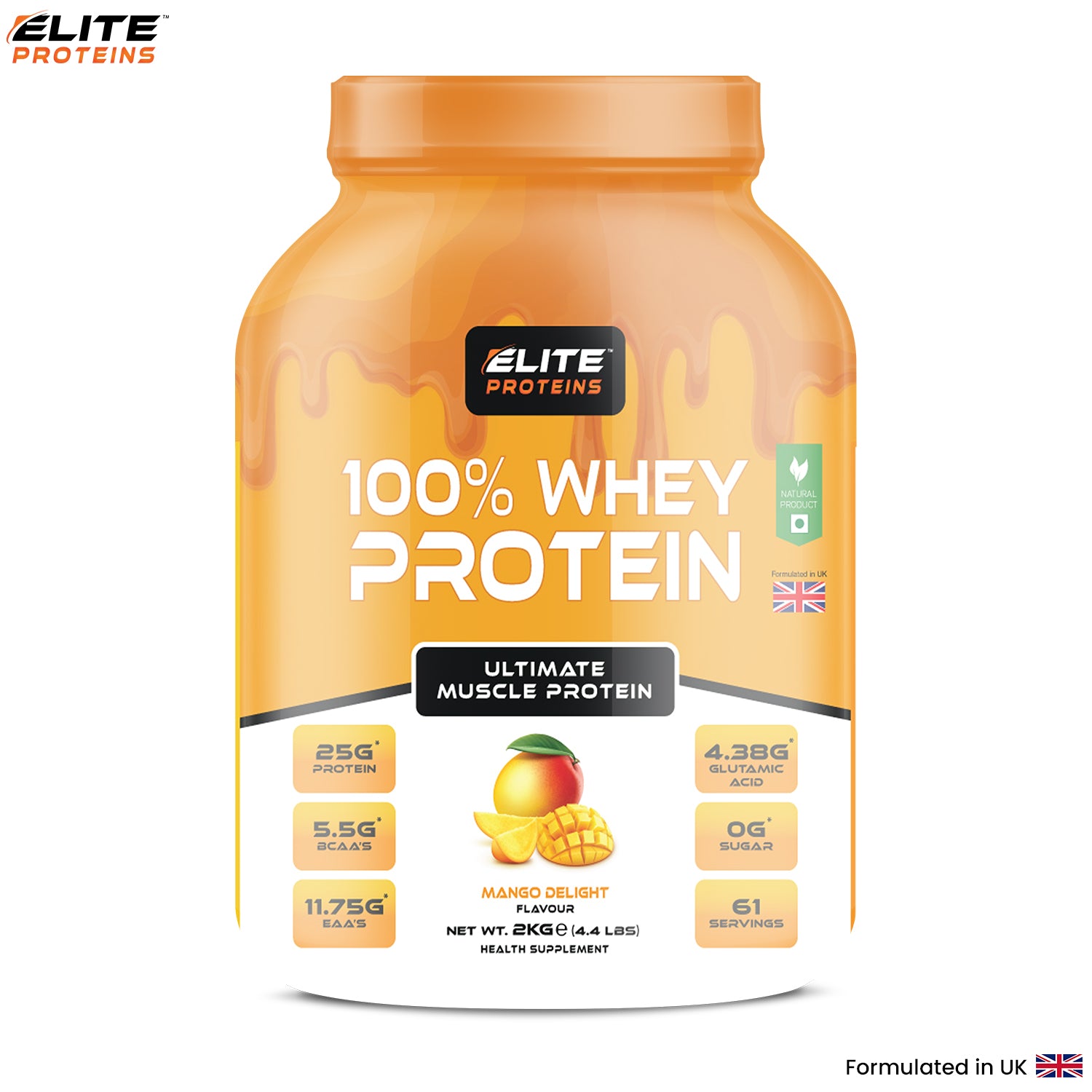 Mango container of Elite Proteins 100% Whey Protein with mango flavor on a white background