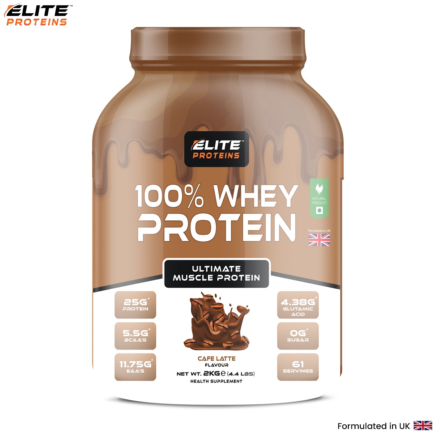 Elite Proteins 100% Whey Protein container with chocolate flavor on a white background