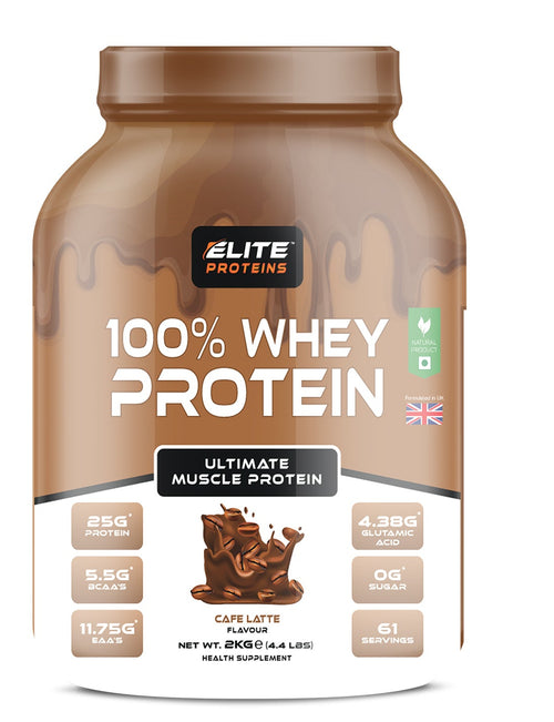 Elite Proteins 100% Whey Protein container with chocolate flavor on a white background