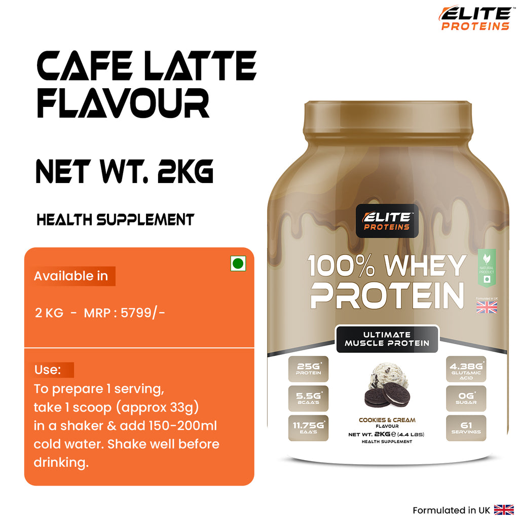 Elite Proteins 100% Whey Protein container with Cafe Latte flavour details on a white background