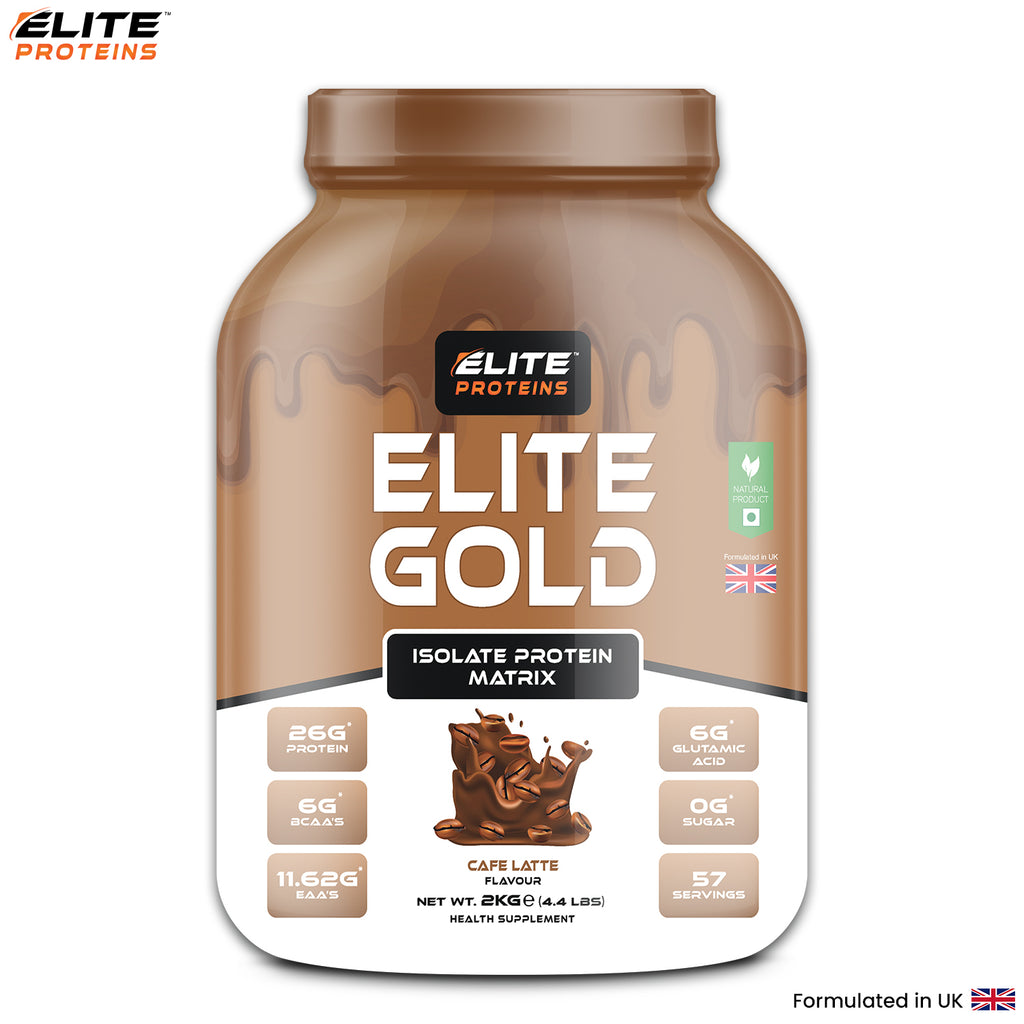 Elite Gold protein supplement container with Elite Proteins branding on a white background