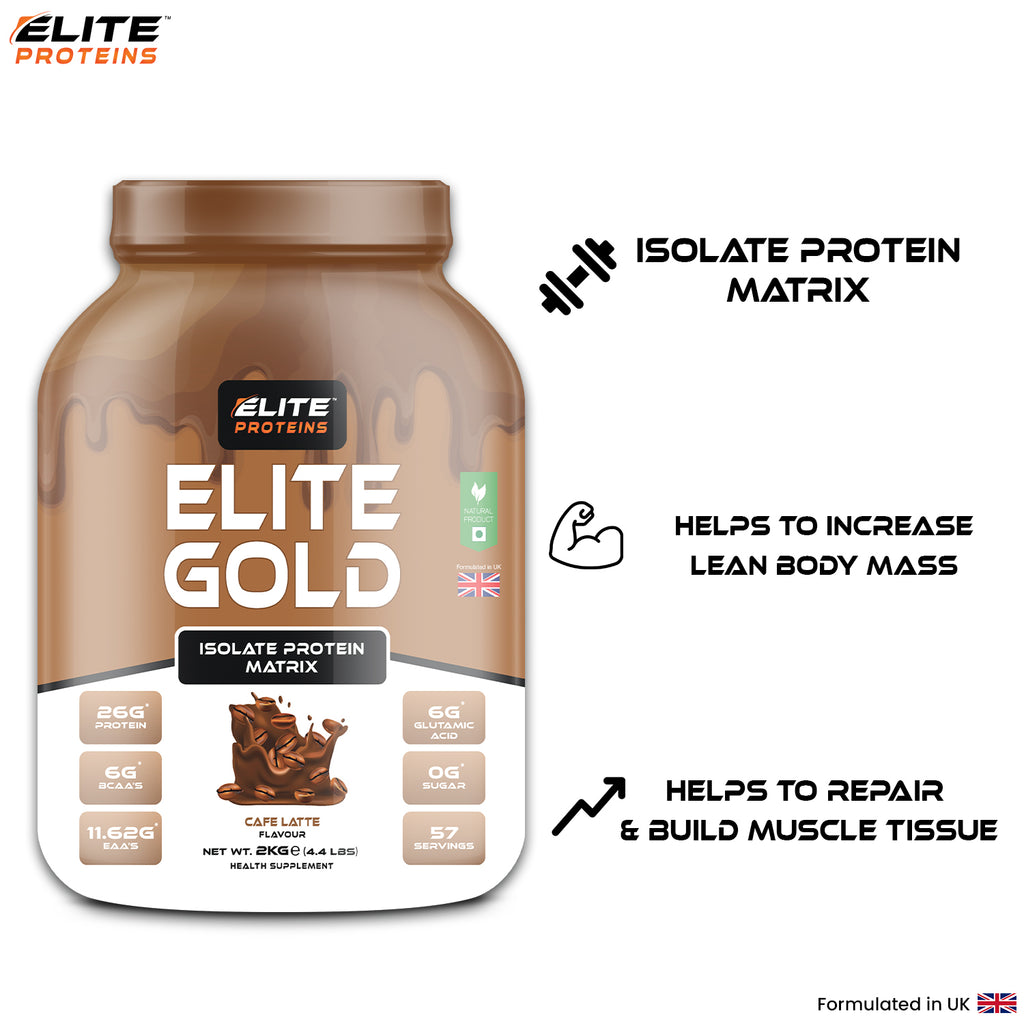 Elite Gold isolate protein matrix container with branding and product details on a white background