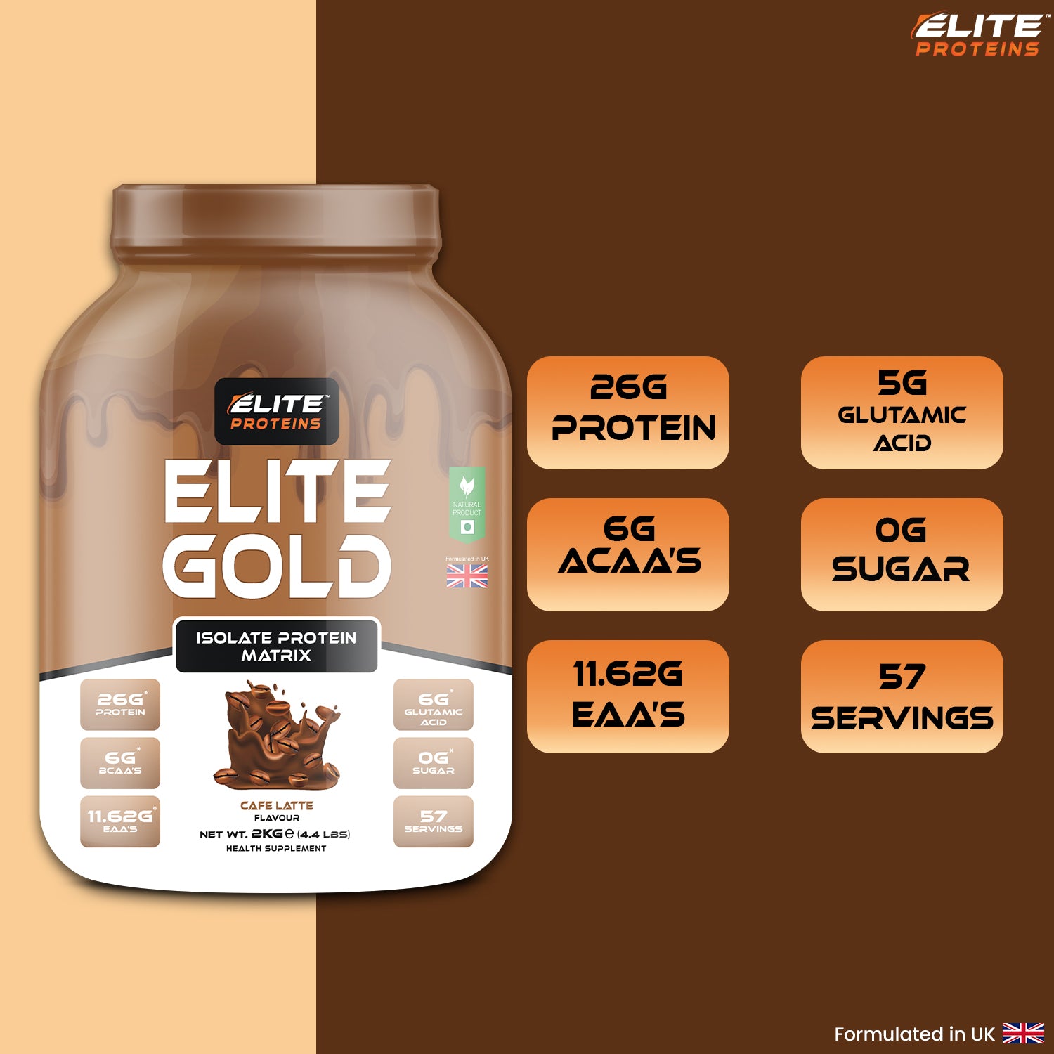 Elite Gold protein supplement container with nutritional information on a brown background