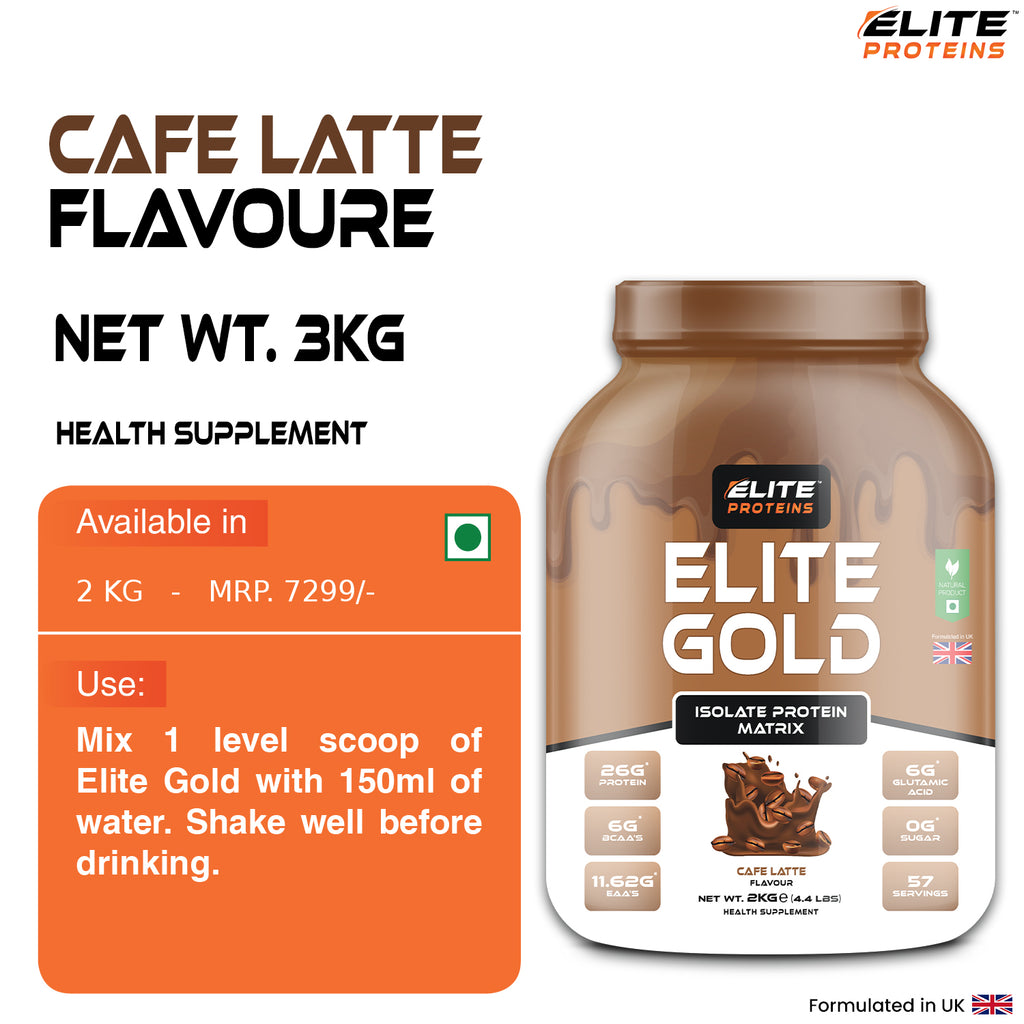 Elite Gold protein supplement jar with label details on a white background