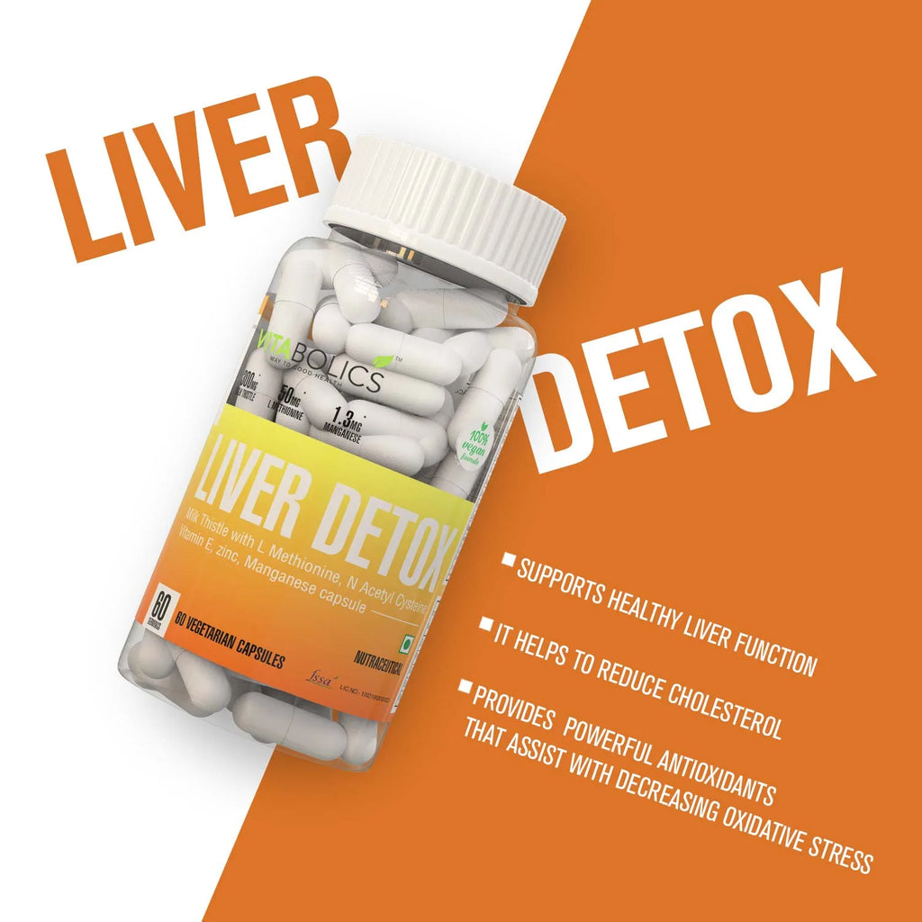 Liver detox supplement bottle with text on an orange background