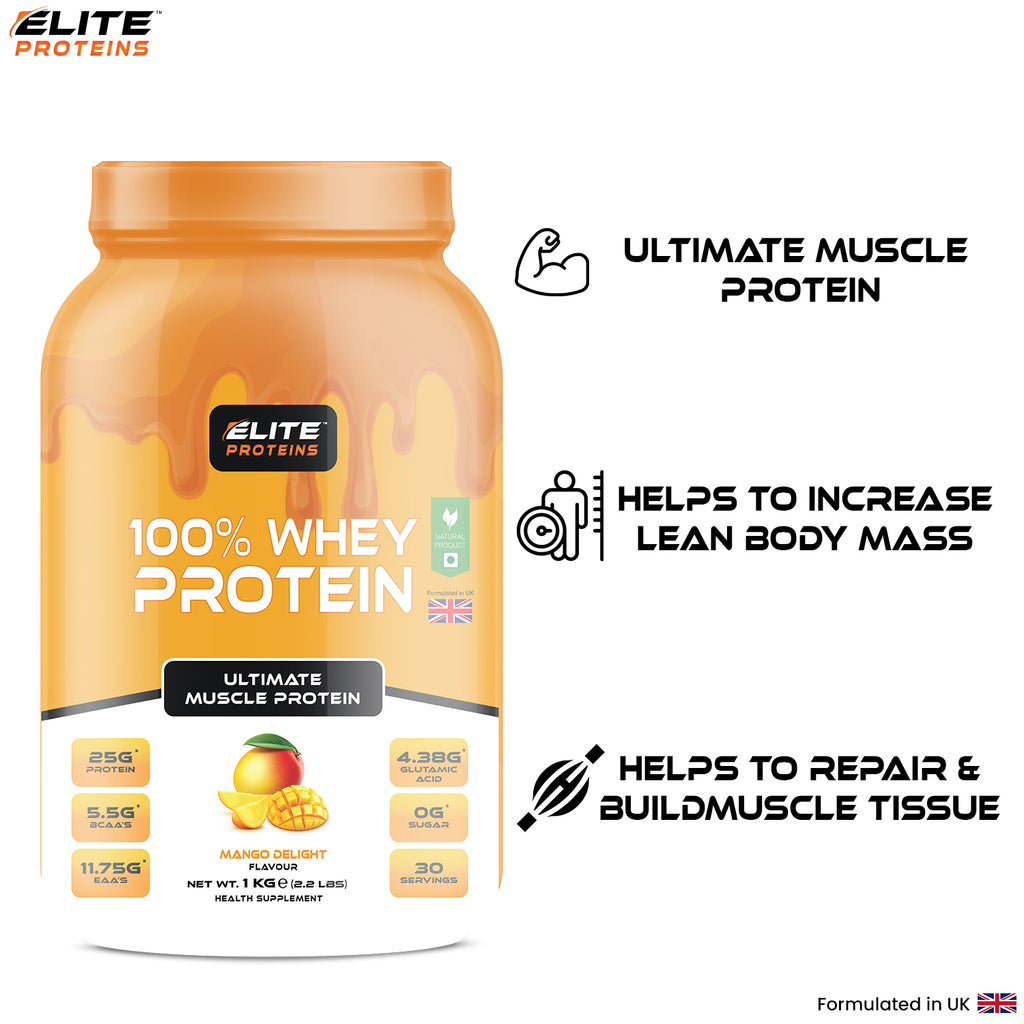 Orange protein supplement container with Elite Proteins branding on a white background