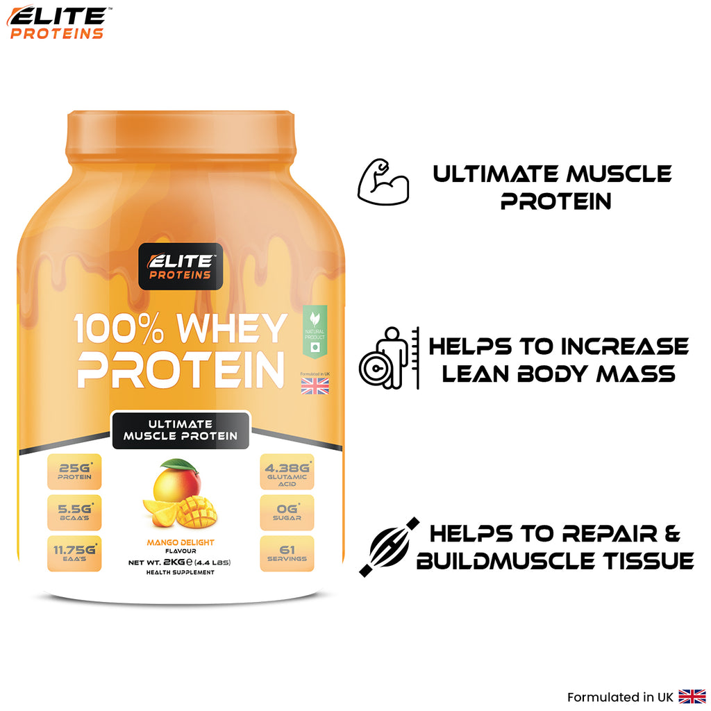 Orange protein supplement container with text highlighting benefits on a white background