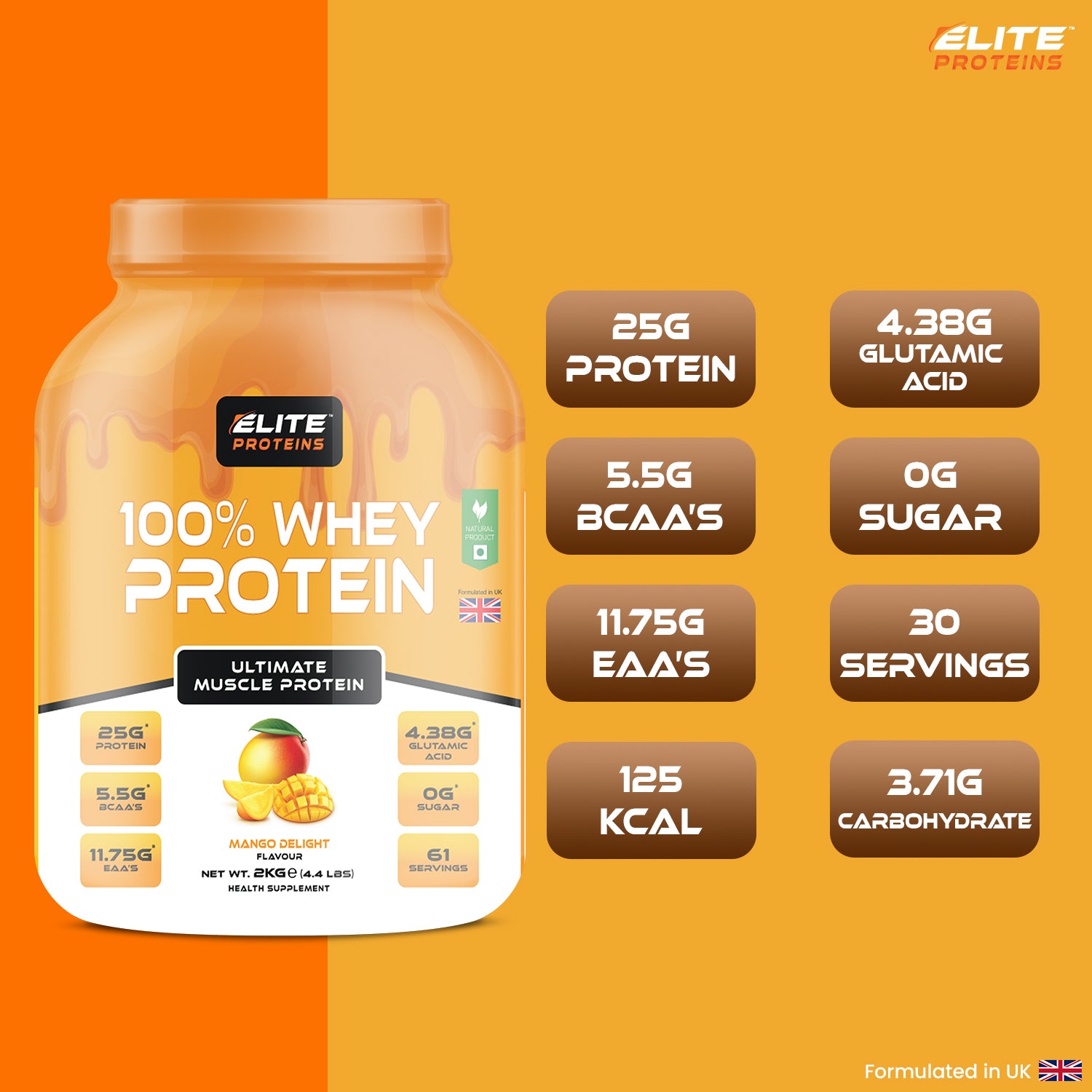 Elite Proteins 100% Whey Protein container with nutritional information on an mango background