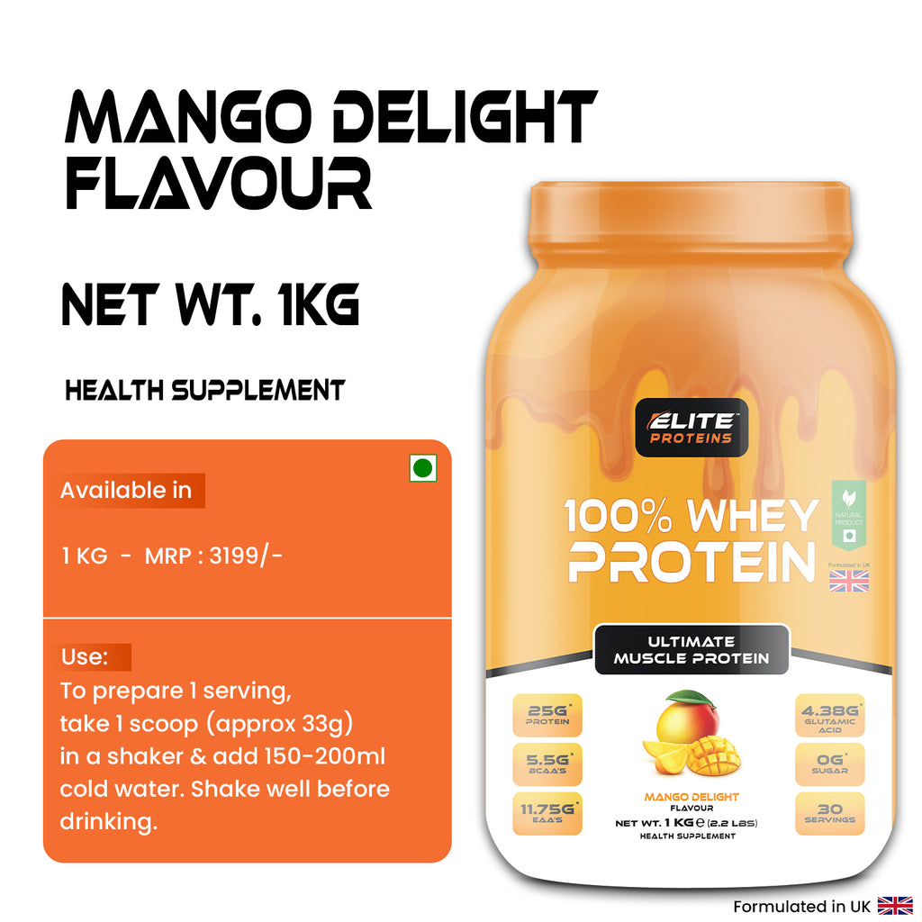 Orange whey protein supplement with label and text on a white background