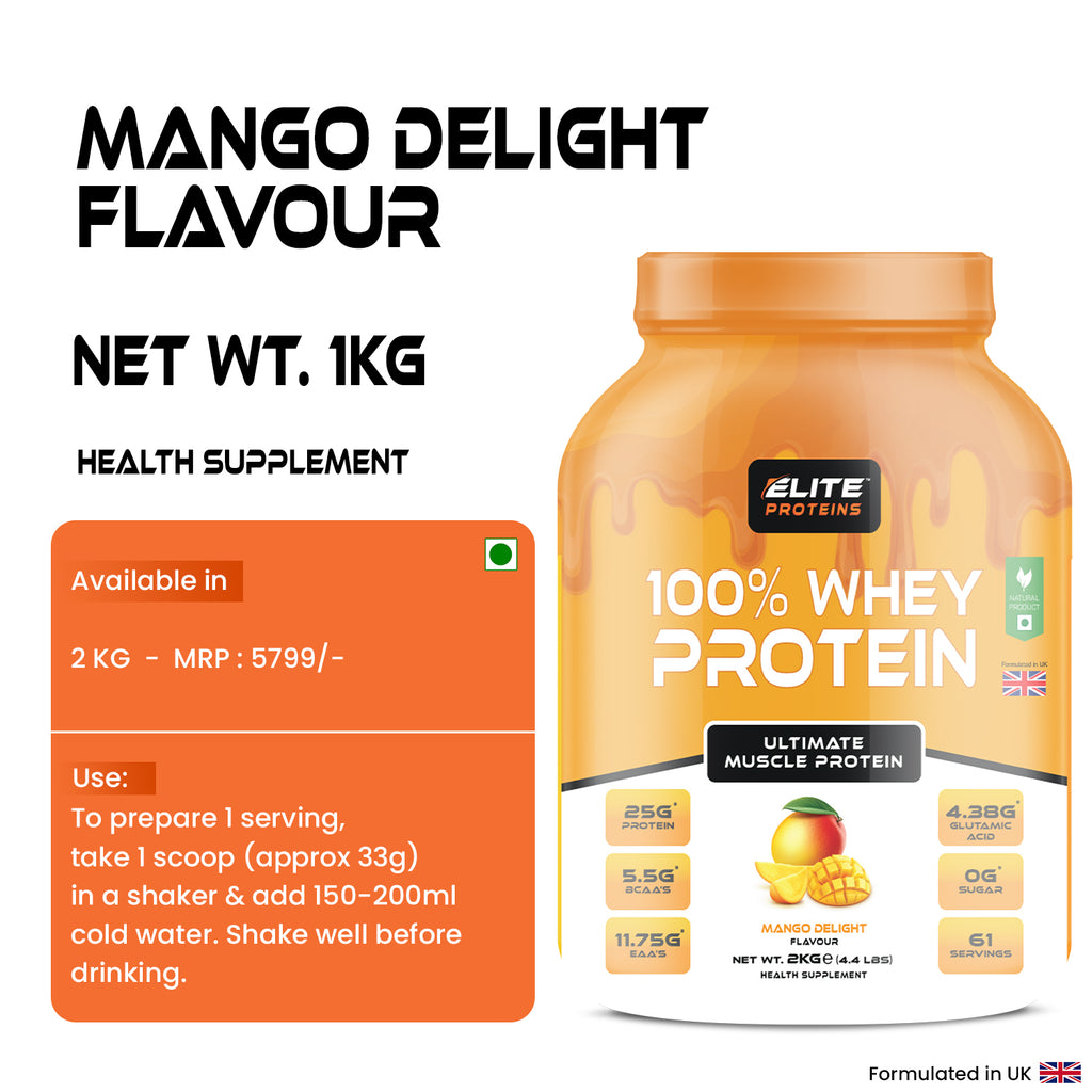 mango whey protein supplement container with text on a white background