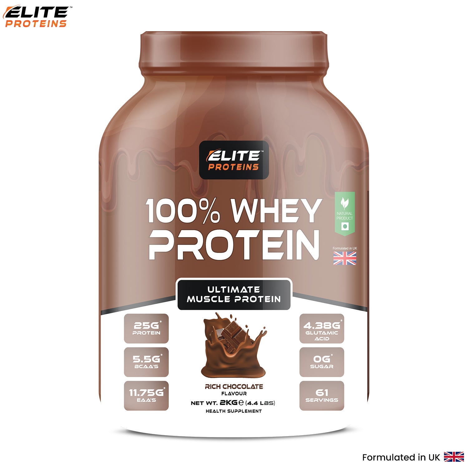 Elite Proteins 100% Whey Protein container with chocolate flavor on a white background