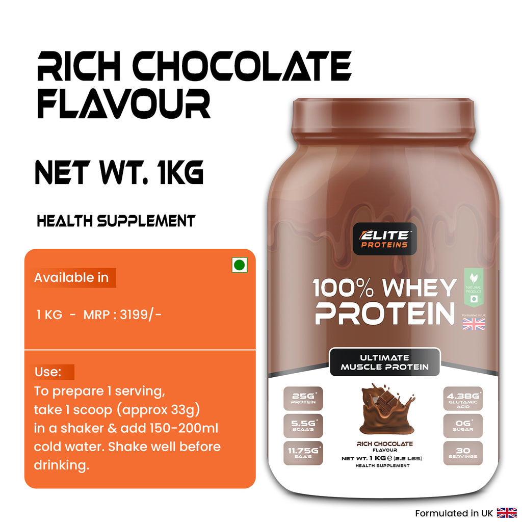 100% Whey Protein container with rich chocolate flavor details on a white background