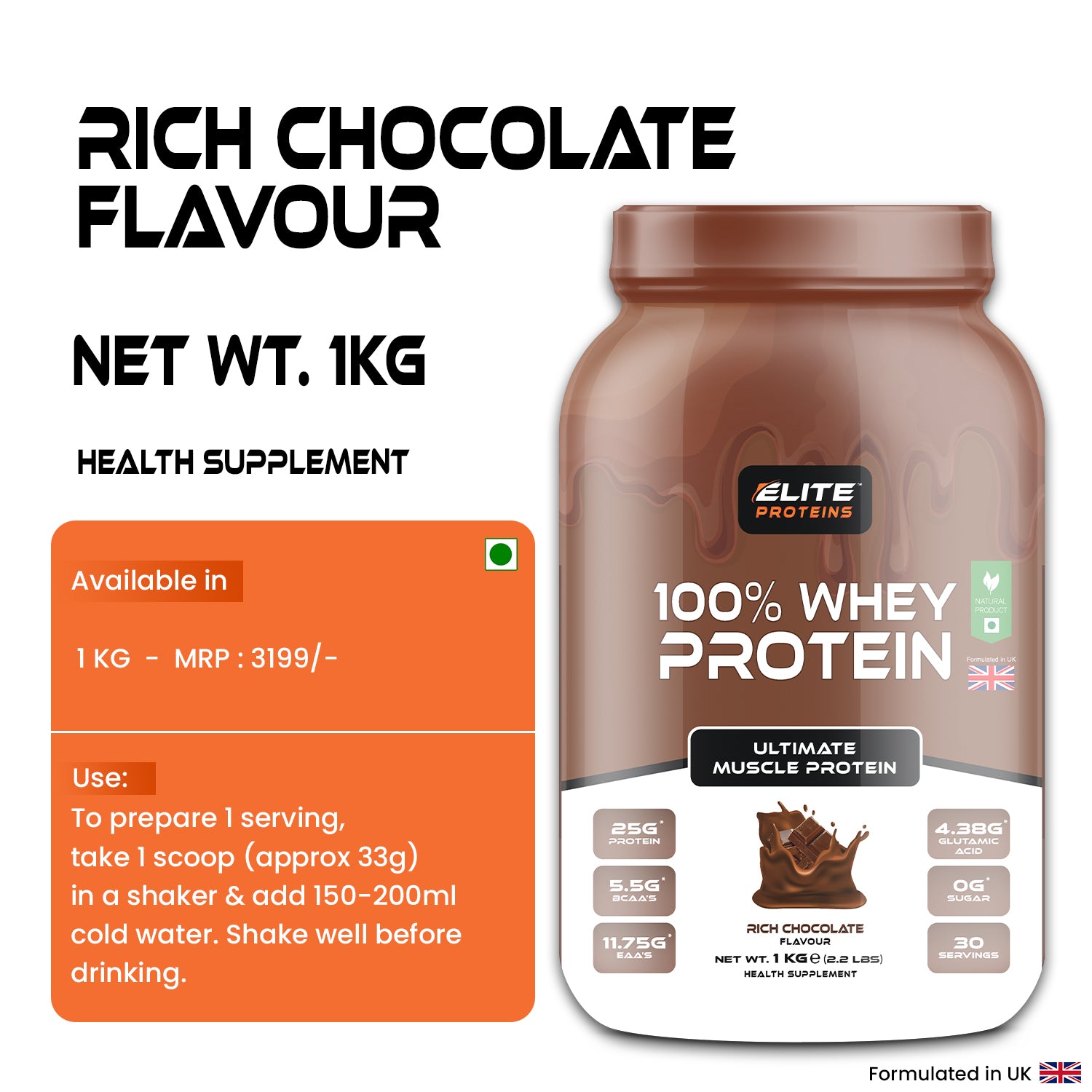 100% Whey Protein container with rich chocolate flavor details on a white background