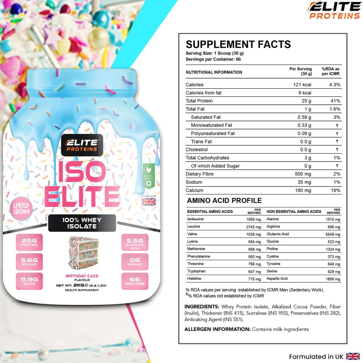 iso elite 100% whey isolate proteins powder in birthday cake flavour