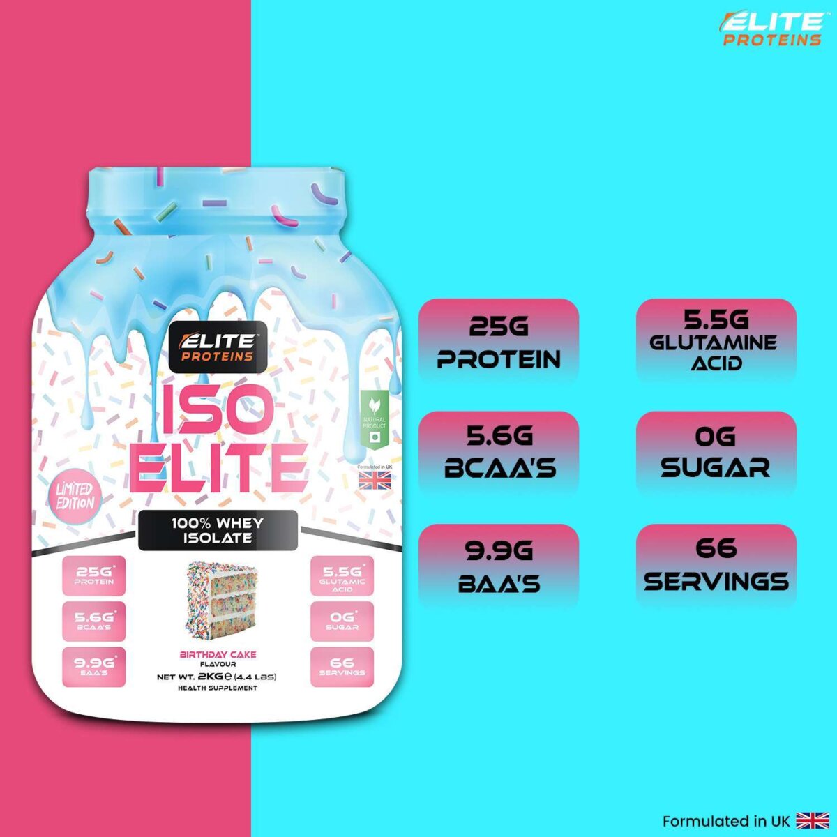 iso elite protein100% whey isolate proteins powder in birthday cake flavour