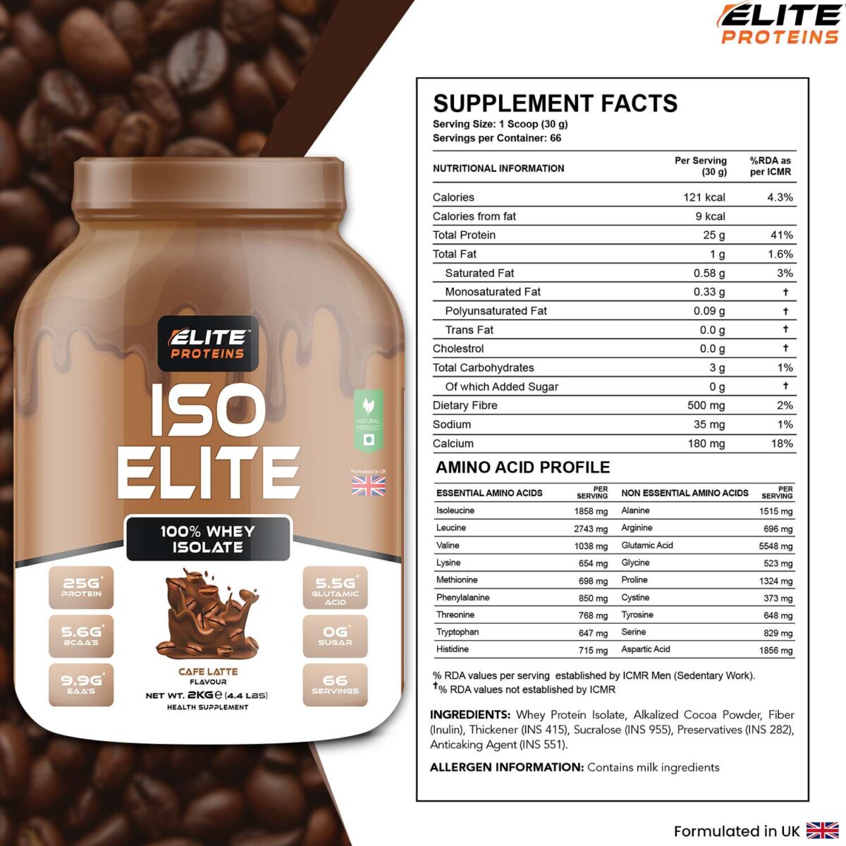 whey isolate proteins powder in cafe latte flavour