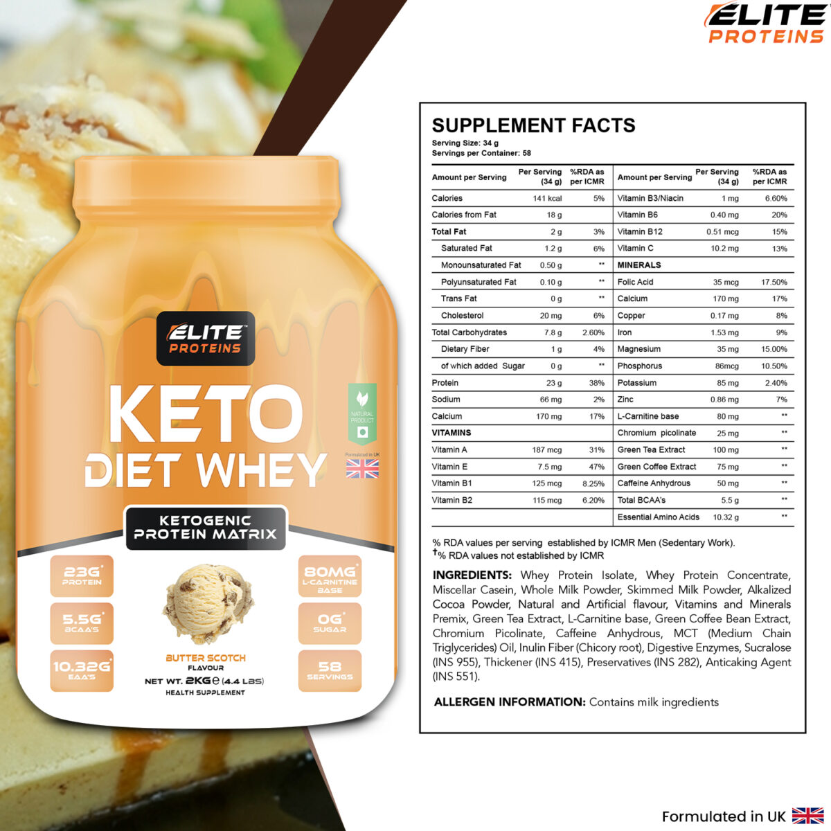 keto diet whey proteins powder in butter scotch flavour