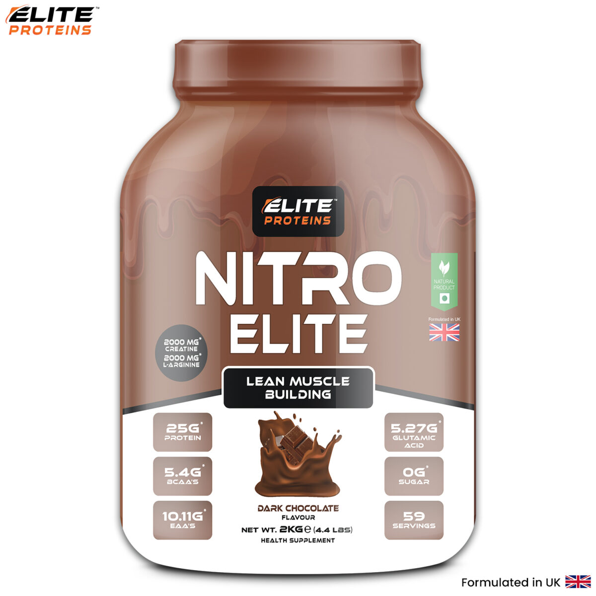 nitro elite proteins powder in dark chocolate flavour