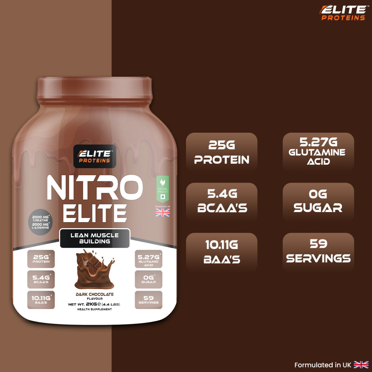 nitro elite proteins powder in dark chocolate flavour