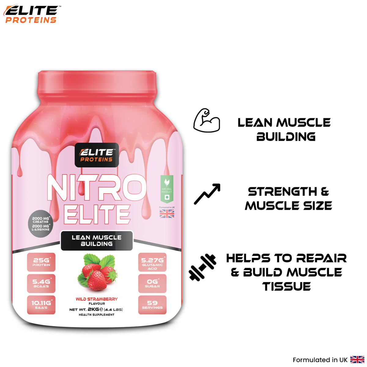 nitro elite proteins powder in wild strawberry flavour