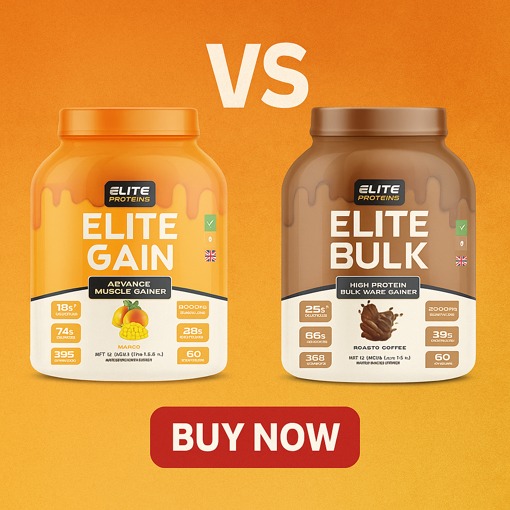 elite gain vs elite bulk two containers of protein powder